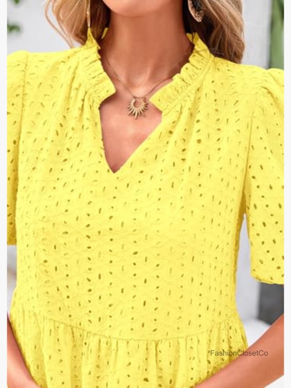 Eyelet Summer Mini Shift Dress with Pockets Short Sleeve V-Neck Tiered Cotton - Picture 6 of 7